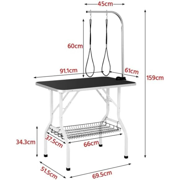 Folding Dog Grooming Table Adjustable Arm 2 Straps Storage Basket Non-Slip Large Work Surface 220lb Capacity