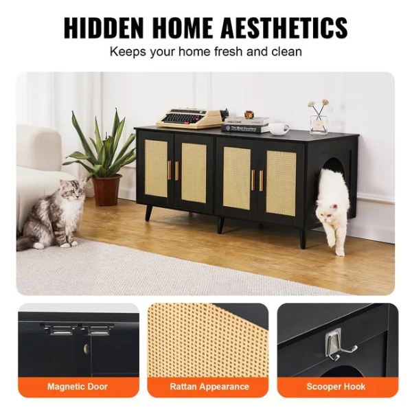 Wooden Litter Box Cabinet for 2 Cats Black Rattan Decor Cat Furniture Storage Unit