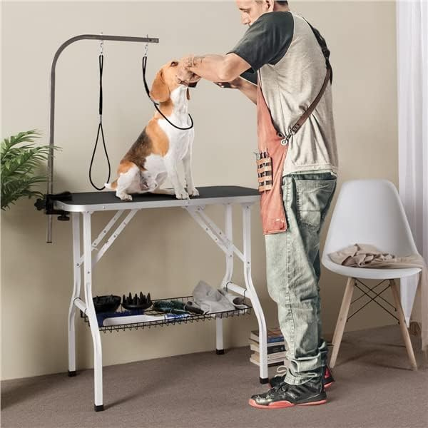 Folding Dog Grooming Table Adjustable Arm 2 Straps Storage Basket Non-Slip Large Work Surface 220lb Capacity
