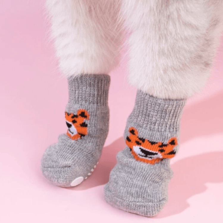 Dog Socks Non Slip Gray Tiger Print Pet Booties