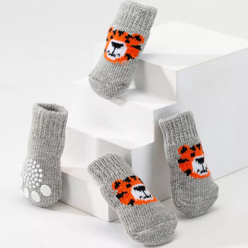 Dog Socks Non Slip Gray Tiger Print Pet Booties