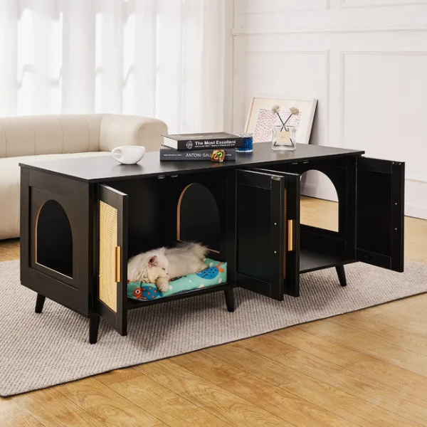 Wooden Litter Box Cabinet for 2 Cats Black Rattan Decor Cat Furniture Storage Unit