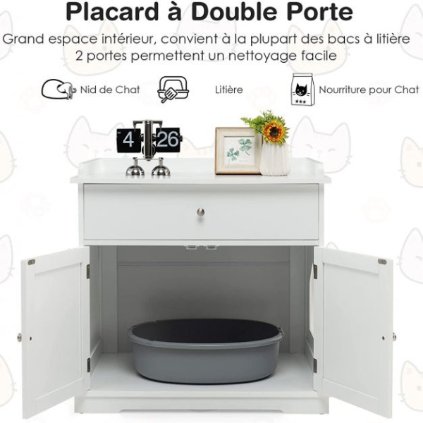 Litter Box Enclosure Furniture for Cats Hidden Cat Toilet with Drawer and 2 Doors
