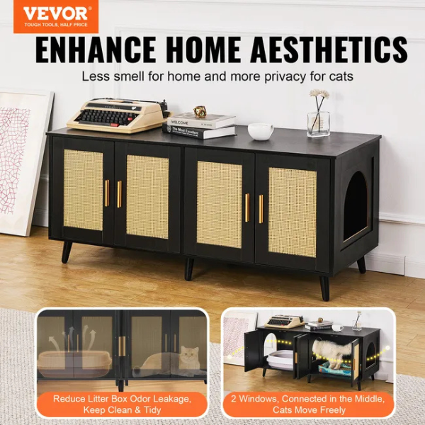 Wooden Litter Box Cabinet for 2 Cats Black Rattan Decor Cat Furniture Storage Unit