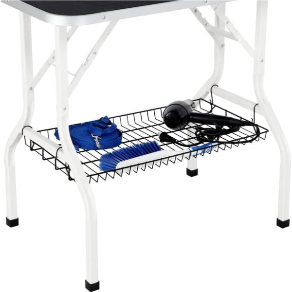 Folding Dog Grooming Table Adjustable Arm 2 Straps Storage Basket Non-Slip Large Work Surface 220lb Capacity