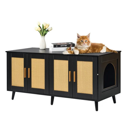 Wooden Litter Box Cabinet for 2 Cats Black Rattan Decor Cat Furniture Storage Unit