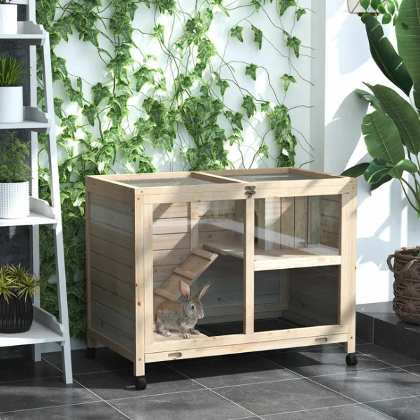 Two-Level Rabbit Hutch on Wheels with Hideaway and Removable Waste Tray