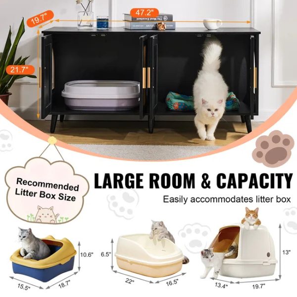 Wooden Litter Box Cabinet for 2 Cats Black Rattan Decor Cat Furniture Storage Unit