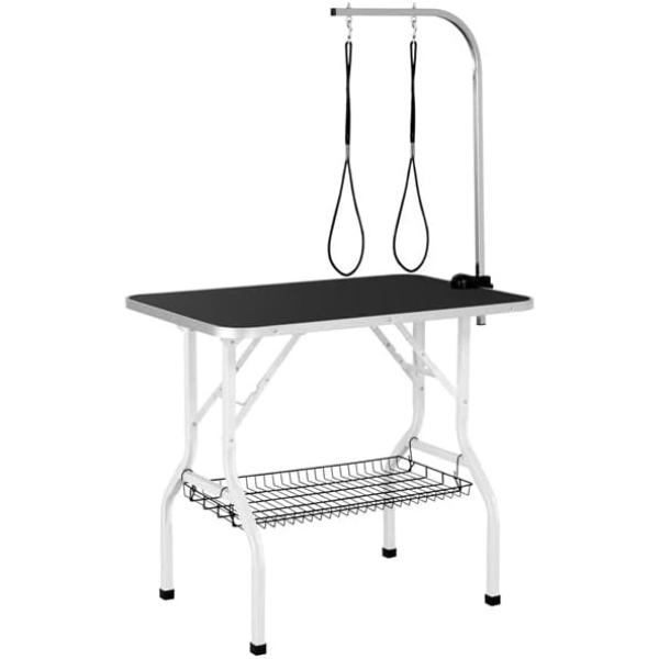 Folding Dog Grooming Table Adjustable Arm 2 Straps Storage Basket Non-Slip Large Work Surface 220lb Capacity