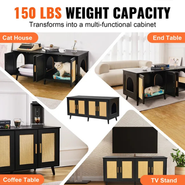 Wooden Litter Box Cabinet for 2 Cats Black Rattan Decor Cat Furniture Storage Unit