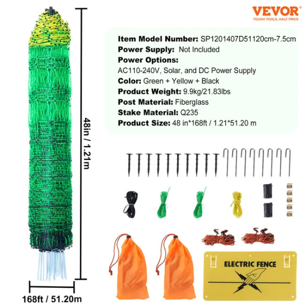 Electric Fence Net Kit 4 ft x 168 ft - Portable Polyethylene Mesh Fence with Posts and Double Pointed Stakes for Chicken Enclosure