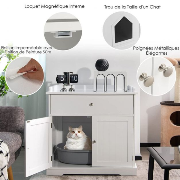 Litter Box Enclosure Furniture for Cats Hidden Cat Toilet with Drawer and 2 Doors