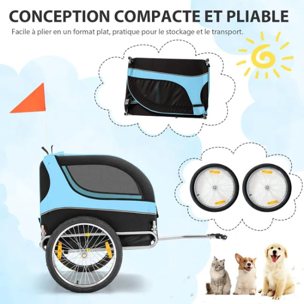 Folding Dog Bike Trailer with Oxford Canvas Pet Carrier Stroller with Flag 8 Reflectors Max Load 88 lbs