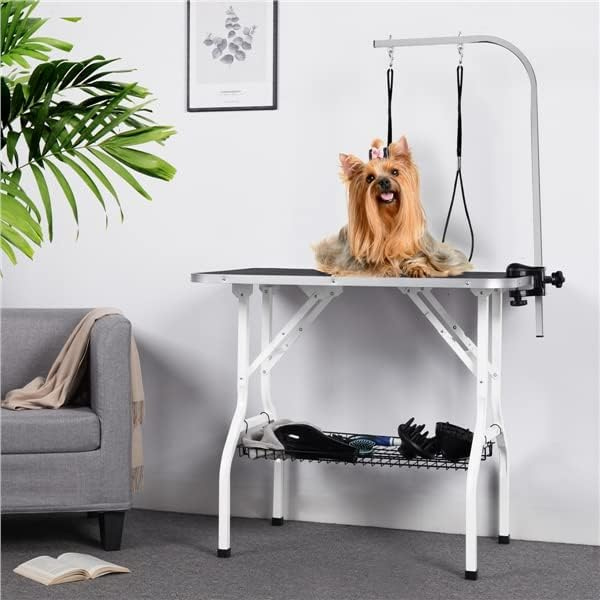 Folding Dog Grooming Table Adjustable Arm 2 Straps Storage Basket Non-Slip Large Work Surface 220lb Capacity