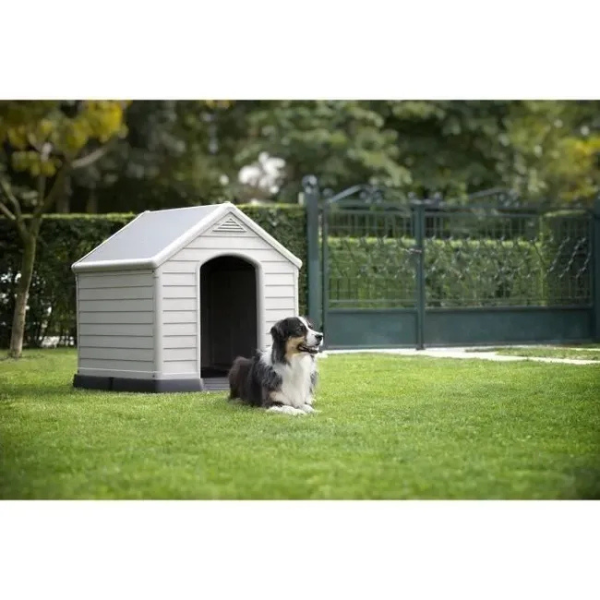 Beige and Brown Plastic Dog House 39 x 37 x 39 inches Durable Outdoor Dog Kennel Shelter