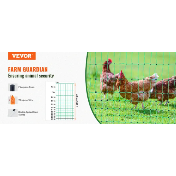 Electric Fence Net Kit 4 ft x 168 ft - Portable Polyethylene Mesh Fence with Posts and Double Pointed Stakes for Chicken Enclosure