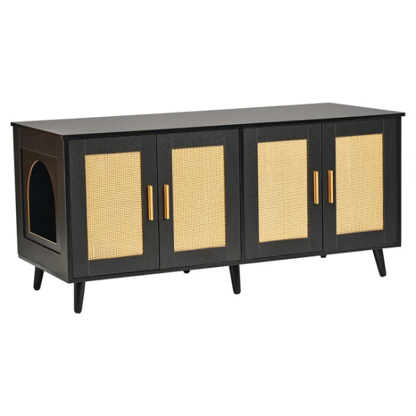 Wooden Litter Box Cabinet for 2 Cats Black Rattan Decor Cat Furniture Storage Unit