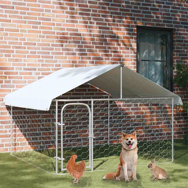 Outdoor Dog Kennel with Galvanized Steel Roof and Polyethylene Fabric 13x5x6.5 ft