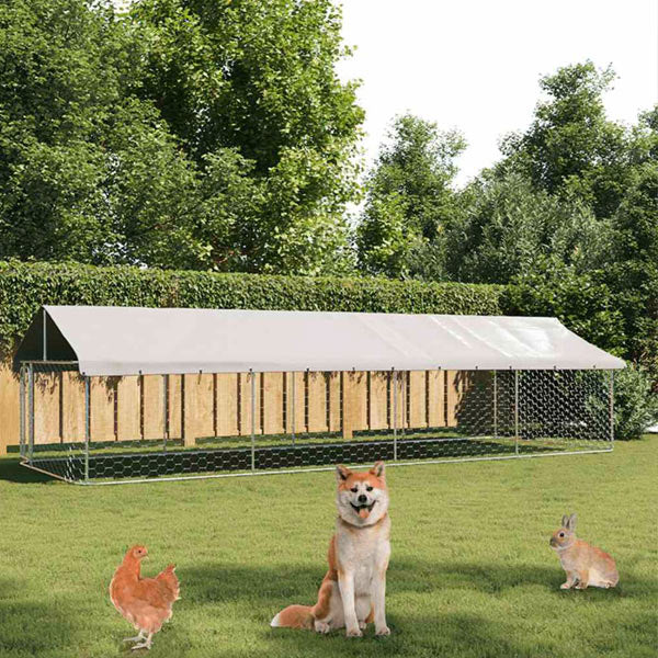 Outdoor Dog Kennel with Galvanized Steel Roof and Polyethylene Fabric 13x5x6.5 ft